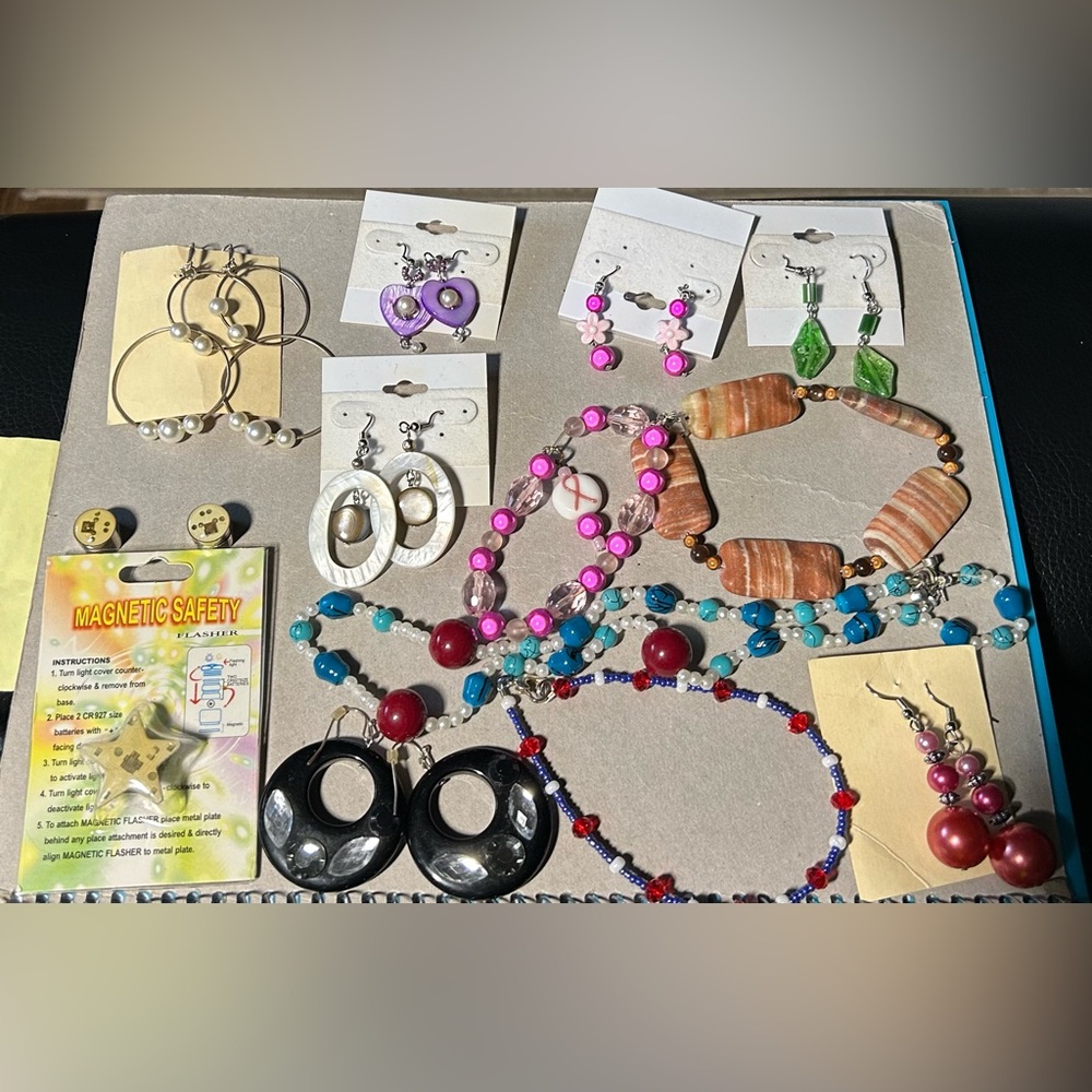Assorted Costume Jewelry earrings, bracelets, necklaces,magnetic safety flasher